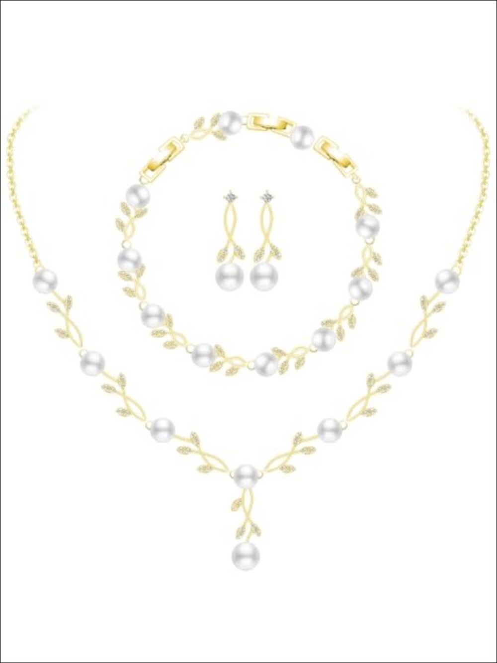Gold Plated Cubic Zirconia Imitation Pearl Jewelry Set Necklace Earrings